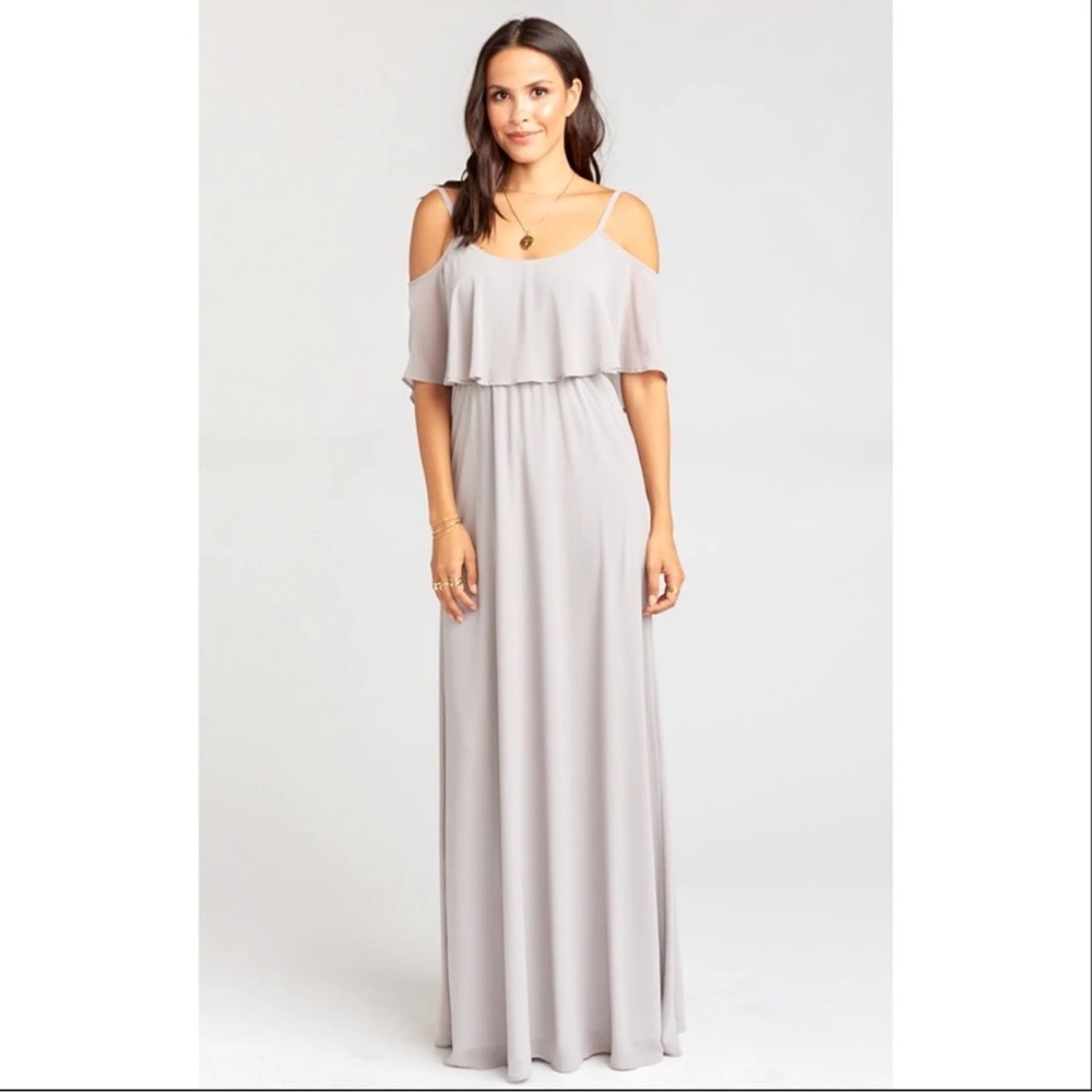 NWT Show Me Your Mumu Caitlin Ruffle Maxi Dress Size XS Gray Chiffon Maxi Dress